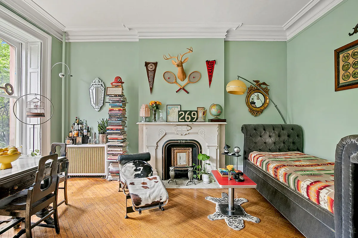 clinton hill living room with mantel, moldings